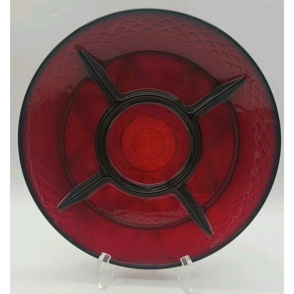 Vintage Arcoroc France Luminarc Ruby Red Glass Divided Relish Plate/Platter 10